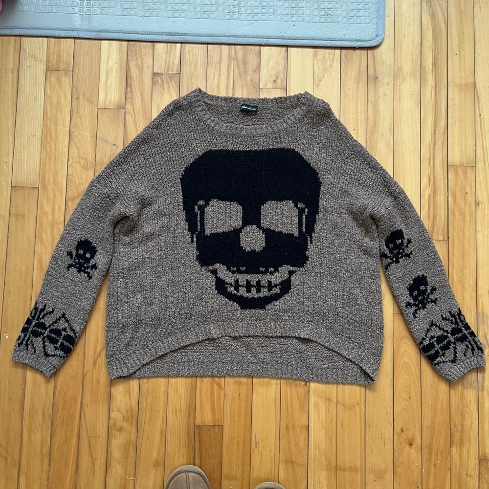Seductions Skull & Crossbones Knit Sweater Taupe Black M L Goth Grunge Emo Y2k - Picture 3 of 7
